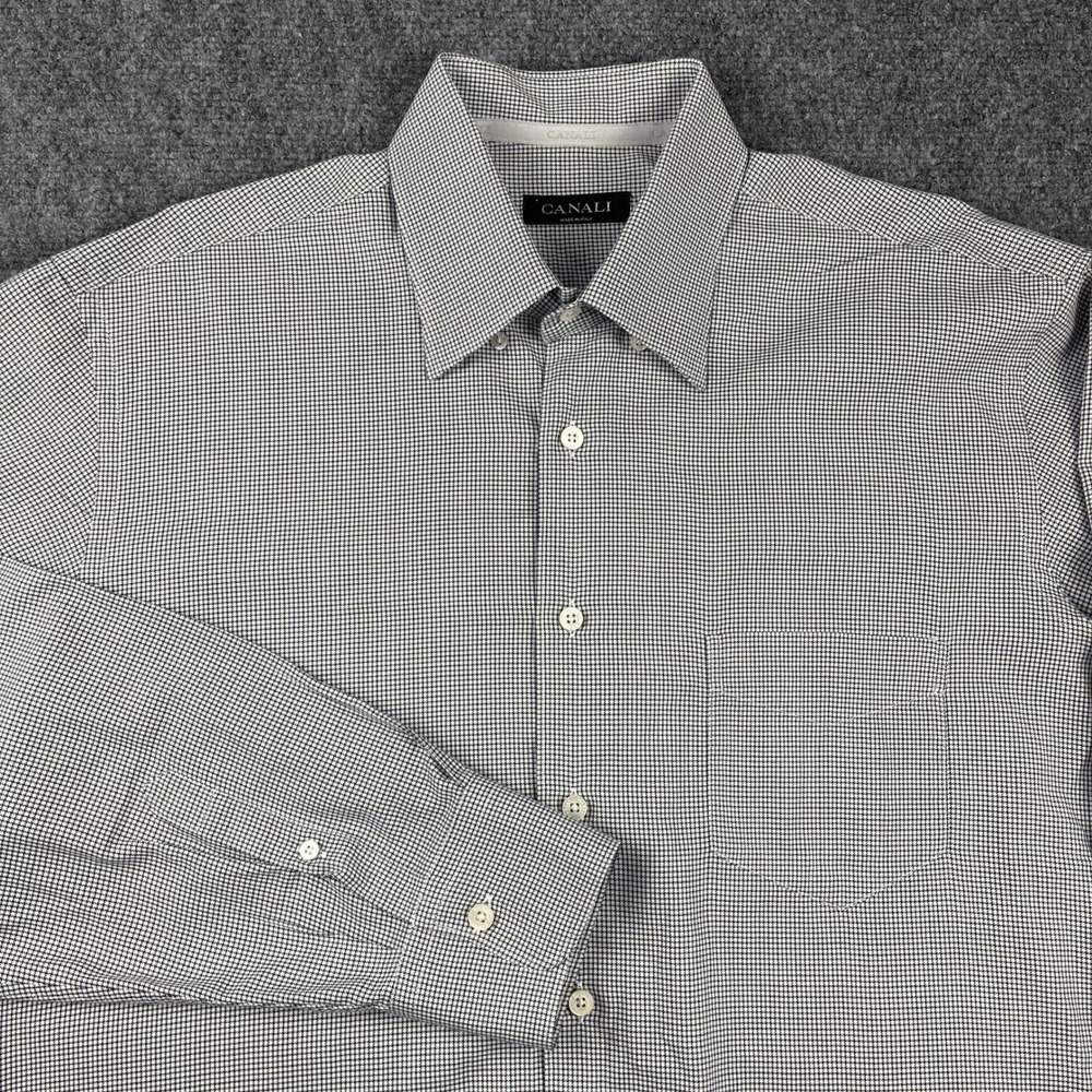 Canali Mens XL Button Down Shirt Micro Houndstooth Navy Green Made in Italy